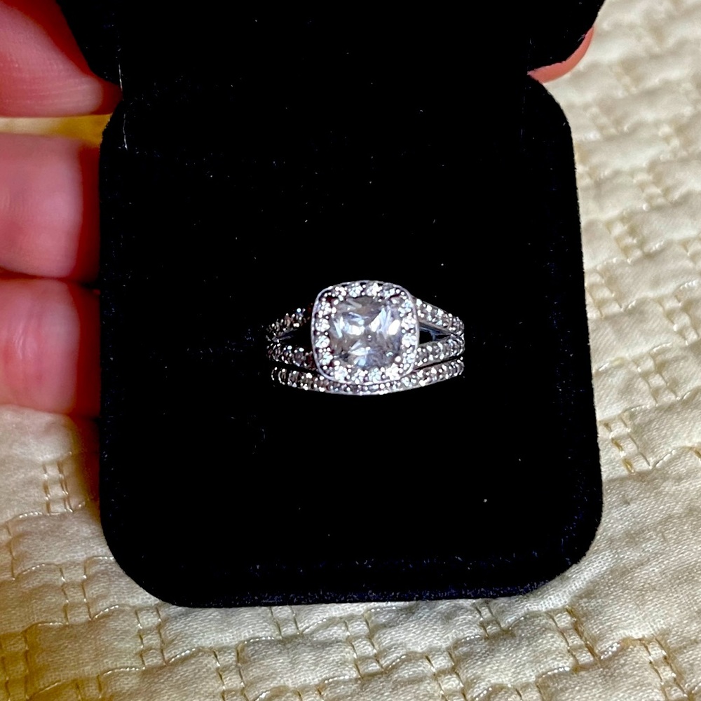 Swarovski Halo Cushion-Cut Matching Two Ring Set